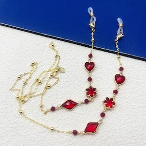 Red crystal glasses chain, women&#39;s glasses chain, gold-plated glasses chain, geometric crystal glasses chain, eyeglass accessories