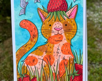 Strawberry Cat Greeting Card, Hand-drawn and Handmade