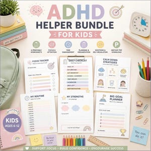 Op de afbeelding: Een ADHD-helperbundel voor kinderen met printbare werkbladen, waaronder een focustracker, dagelijkse checklist, kalmeringsstrategieën, routineplanner en doelplanner. De set bevat kleurrijke iconen, tekst en ontwerpen in pasteltinten.