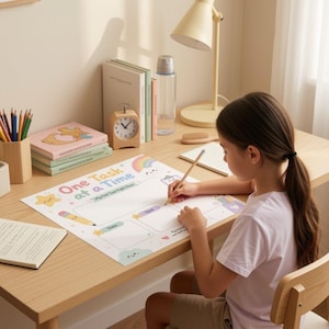 Può includere: Un foglio di carta per la pianificazione delle attività con il testo "One Task at a Time" e illustrazioni colorate di un arcobaleno, stelle e una matita. L'agenda include sezioni designate per data, attività e note su un foglio rettangolare.