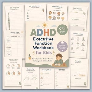 May include: A collection of printable workbook pages for children titled ADHD Executive Function Workbook for Kids. The pages feature soft pastel colors, illustrations of a child reading, and various templates for daily planning, goal tracking, and emotional regulation.