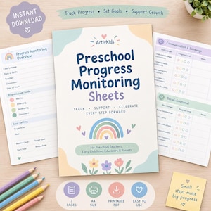 May include: Preschool Progress Monitoring Sheets with a rainbow and flower design. The document includes sections for progress monitoring, communication, language, and social-emotional skills. It features a progress level guide and goal setting.