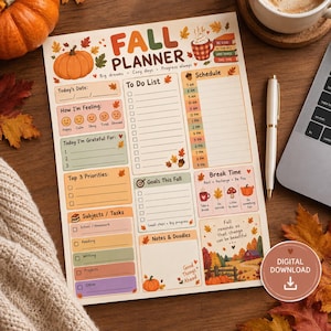 Puede incluir: Un planificador de otoño de papel con secciones para lista de tareas, horario, objetivos y notas. El diseño incluye ilustraciones de calabazas, hojas de otoño y una taza, con el texto Fall Planner, Today's Date, How I'm Feeling y Today's Grateful For.
