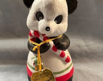 Vintage 1980 Jasco Critter Bells Panda Bear Retro Bisque Porcelain Christmas Decor