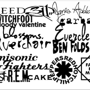Puede incluir: Diseño gráfico en blanco y negro con los nombres de varias bandas y artistas musicales, incluyendo Creed, 311, James Addiction, Switchfoot, Garbage, My Bloody Valentine, Gin Blossoms, Everclear, Silverchair, Ben Folds Five, Semisonic, Foo Fighters, Bush, R.E.M., Cake, Red Hot Chili Peppers y Faith No More.