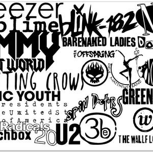 May include: A white background with a collage of black text featuring band names like Weezer, Blink-182, and Green Day. The text is arranged in a chaotic, artistic manner, creating a bold graphic.