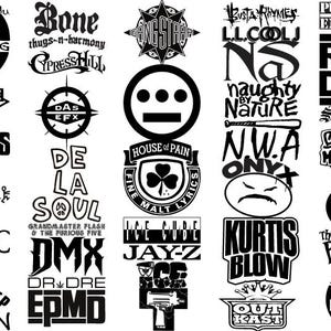 Könnte beinhalten: Schwarz-weiße Grafik mit Logos verschiedener Hip-Hop-Künstler und -Gruppen, darunter Wu-Tang Clan, Beastie Boys und Run DMC. Das Bild zeigt eine Sammlung ikonischer Musiklogos.