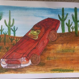 Druck von Original Aquarell und Fineliner Western Cowboy Frosch Auto