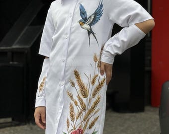 Handbemalte Mädchen Shirt Kleid, Ukrainische Kinder Kleid, Weißes Shirt Kleid für Mädchen, Schwalbe Vogel Kunst Kleid, Individuell bemalte Kinderkleidung