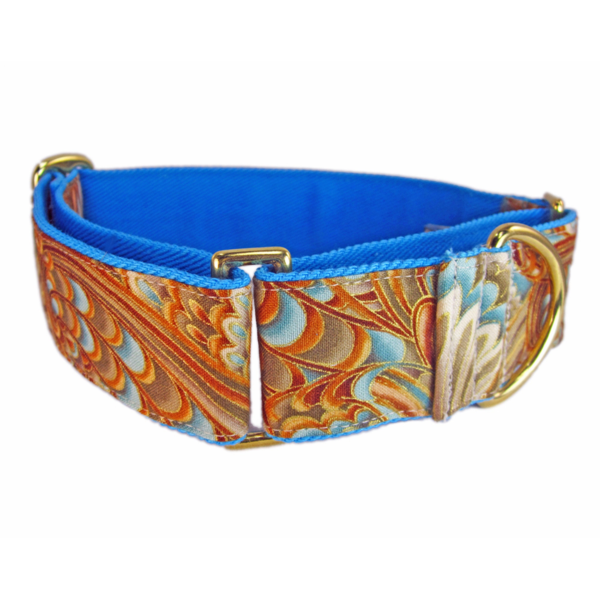 Gold Martingale Collar in Tan and Turquoise Cotton. Made in Etsy