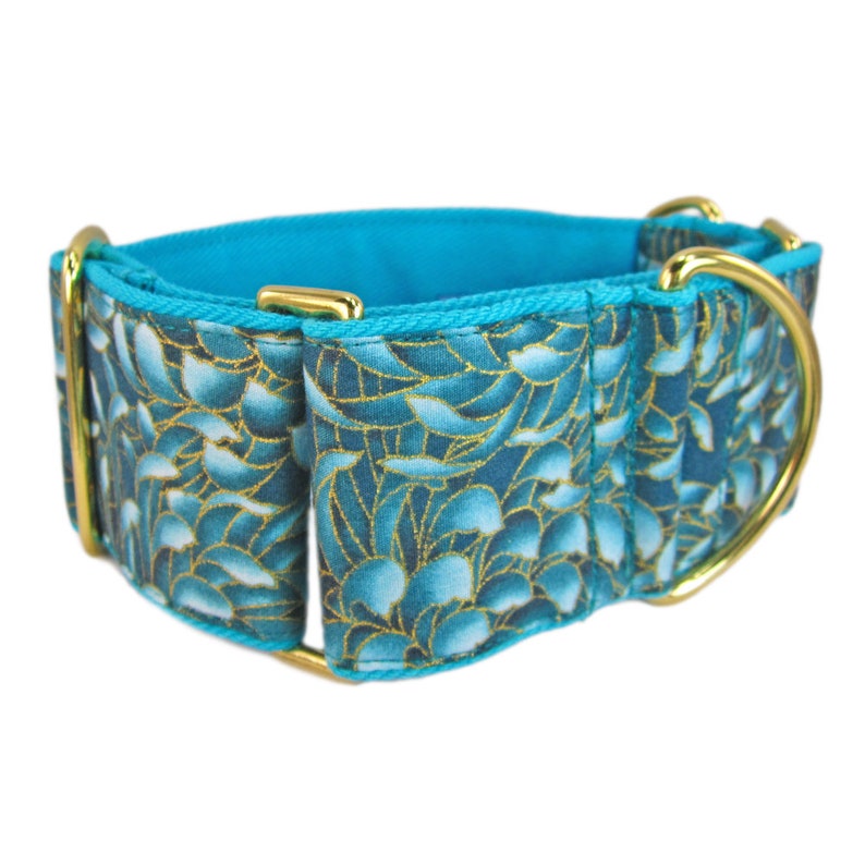 Martingale Dog Collar and Dog Leash in Teal & Gold Cotton. Etsy