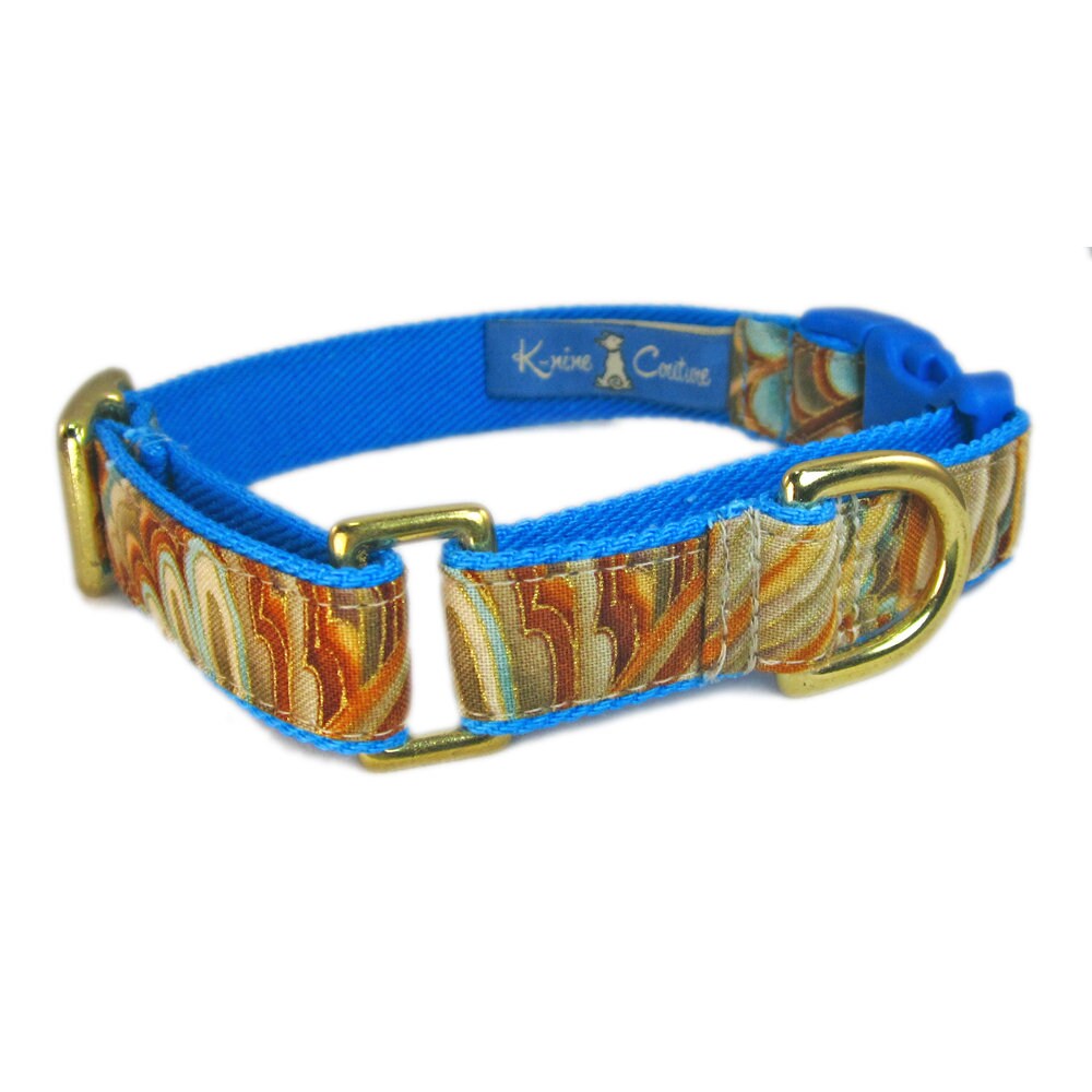 Gold Martingale Collar in Tan and Turquoise Cotton. Made in Etsy