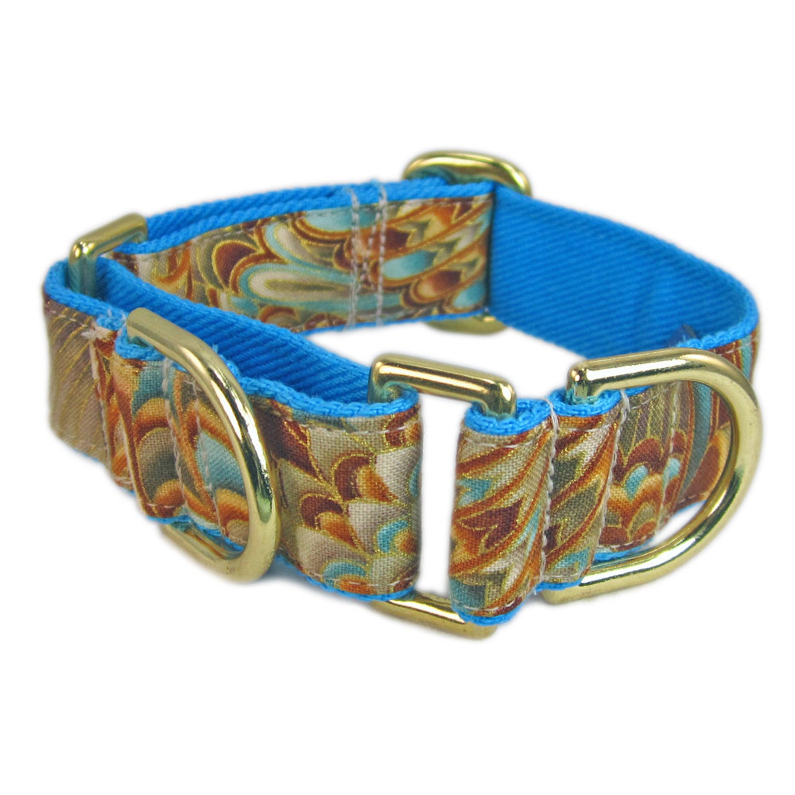 Gold Martingale Collar in Tan and Turquoise Cotton. Made in Etsy