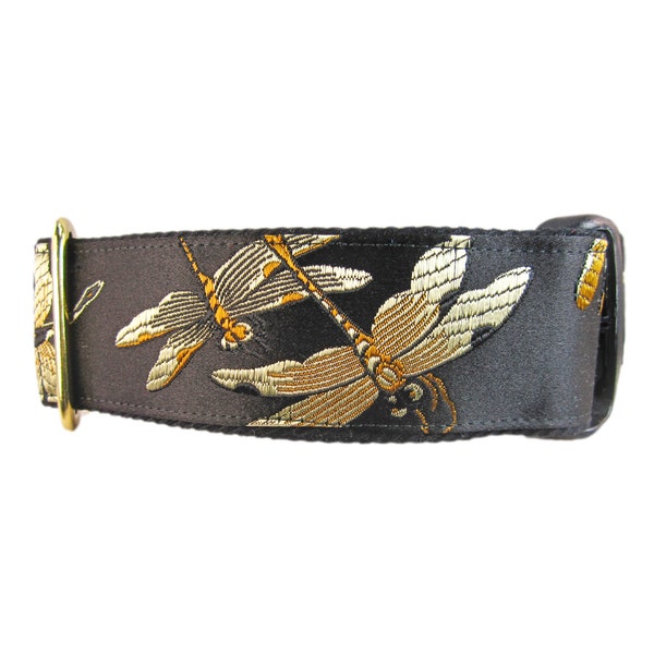 Dragonfly Dog Collar in Gold and Black Silk. Fancy Dog Collar Made in Any Size