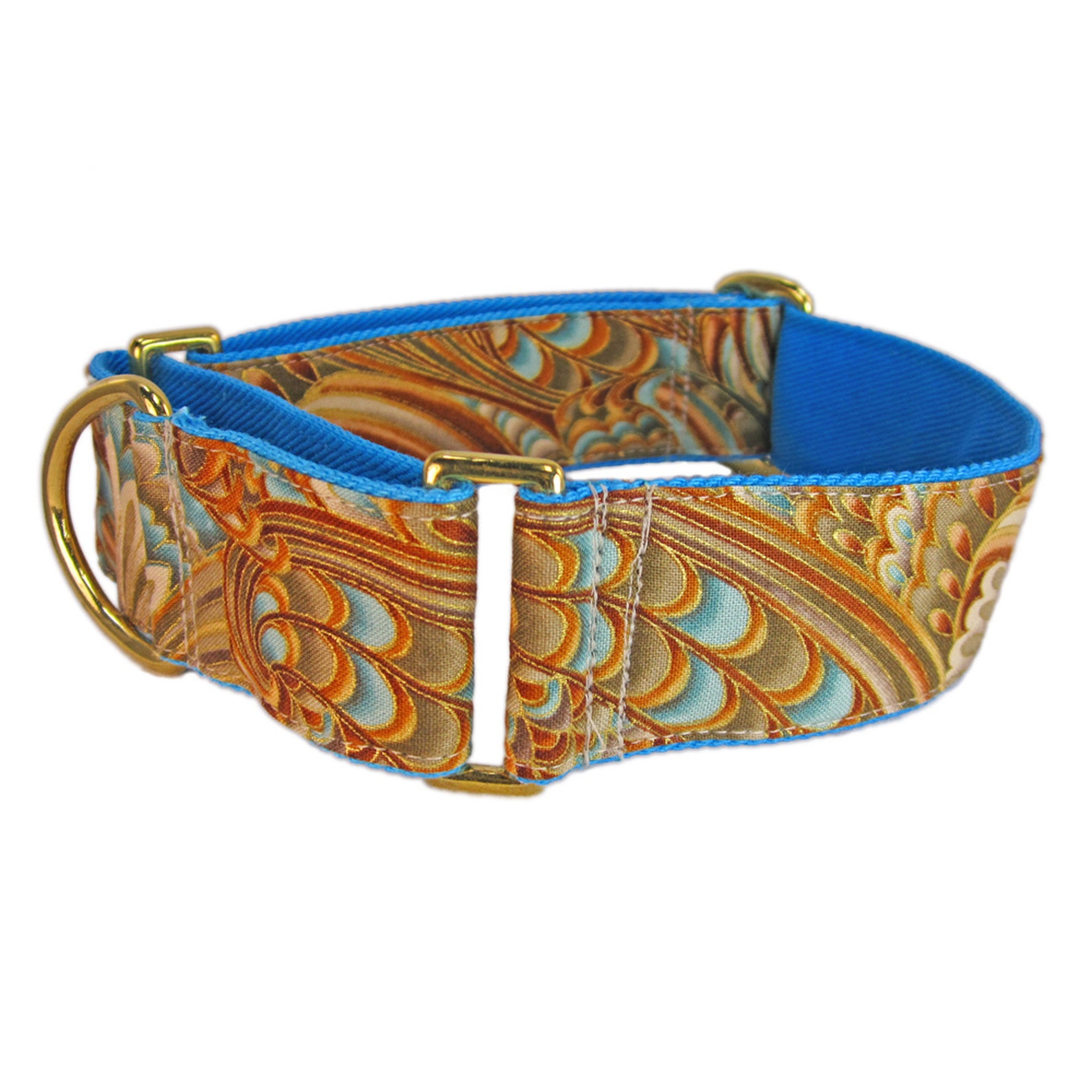 Gold Martingale Collar in Tan and Turquoise Cotton. Made in Etsy