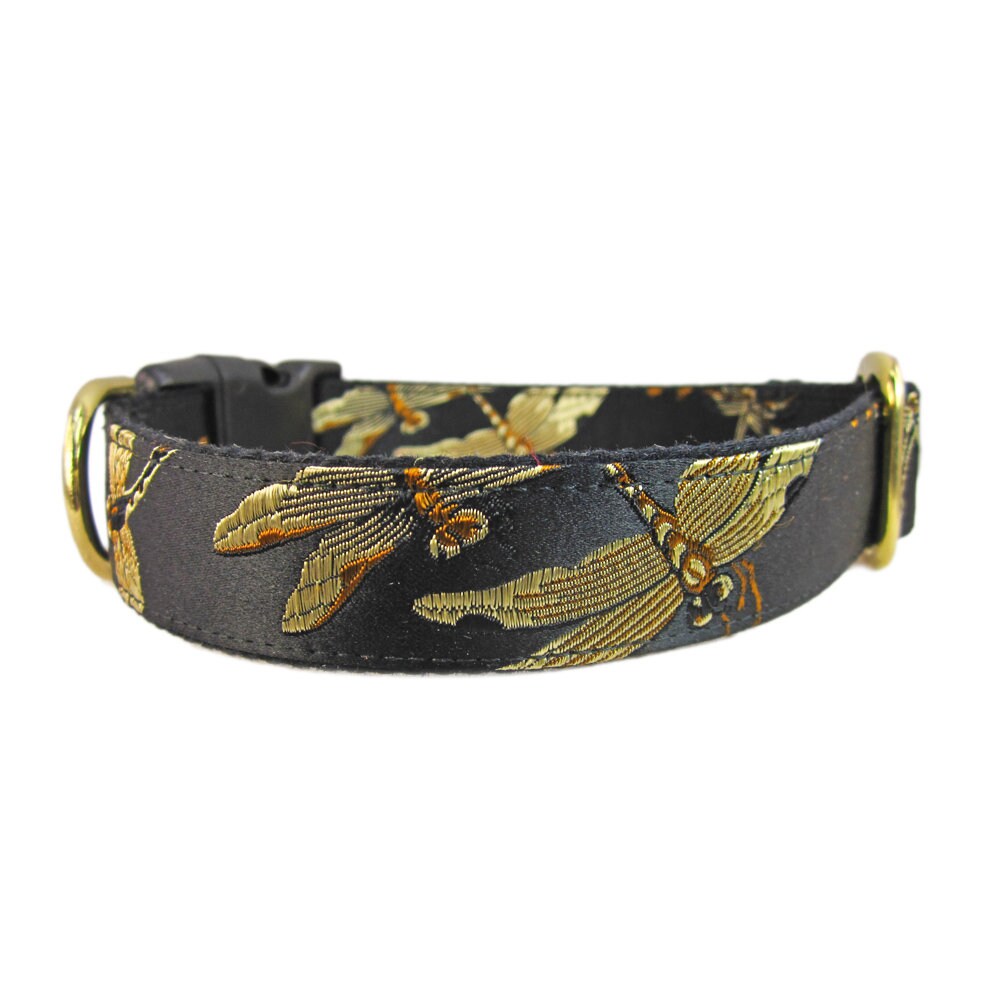 Dragonfly Dog Collar in Gold and Black Silk. Fancy Dog Collar Etsy