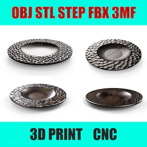 May include: Four different 3D printed wooden plates with a textured surface. OBJ STL STEP FBX 3MF 3D PRINT CNC