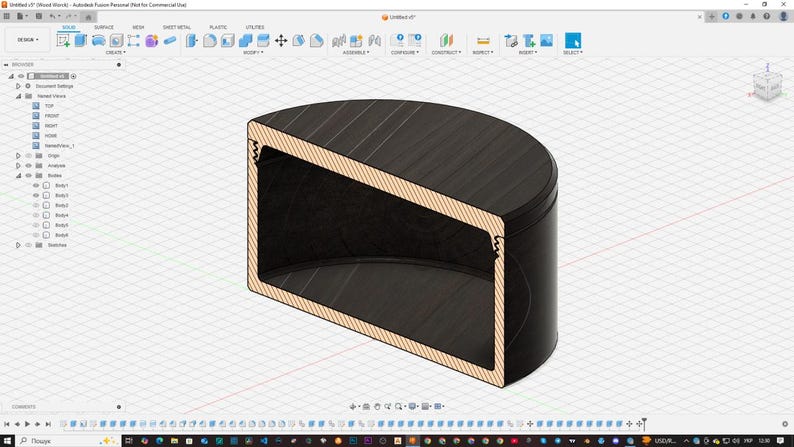 May include: A 3D model of a cylindrical container with a removable top. The container is cut in half to show the interior. The container is made of a dark brown material with a wood grain texture. The interior of the container is empty.