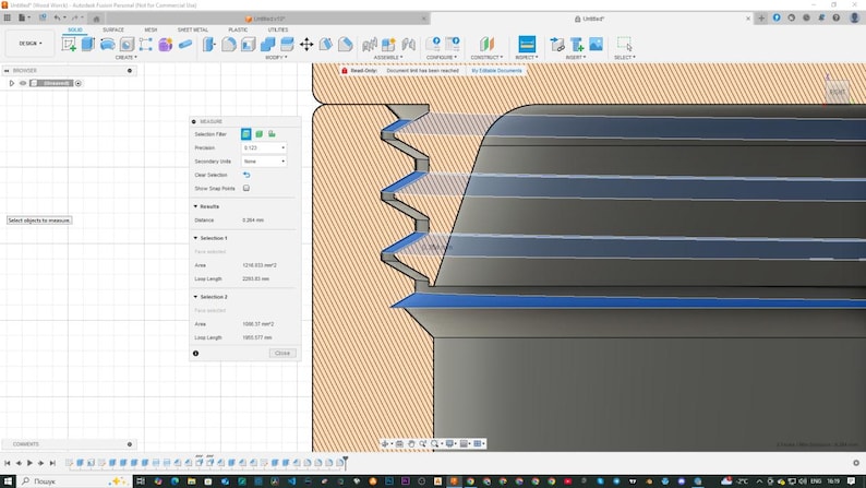 May include: A close-up view of a 3D model of a screw thread. The thread is made of metal and has a blue and gray color scheme. The thread is being measured in a computer aided design program.