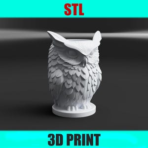 May include: A white 3D printed owl figurine with detailed feather textures and a circular base. The top of the owl head is open, forming a hollow container. The text STL and 3D PRINT are displayed in red and black against a cyan background.