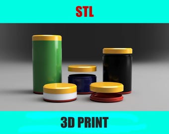 May include: A 3D render showing cylindrical containers with yellow lids. One is green, another black, and a third blue. The lids are yellow. The image includes the text "STL" and "3D PRINT".
