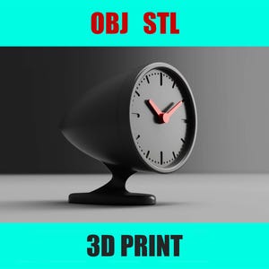 May include: A black clock with a red hour and minute hand. The clock is on a stand and has a sleek, modern design. OBJ STL 3D PRINT.