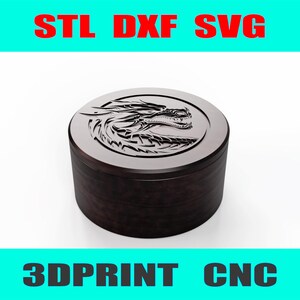 May include: A wooden box with a dragon design carved into the lid. The box is dark brown and has a smooth finish. STL, DXF, and SVG files are available for 3D printing or CNC cutting.