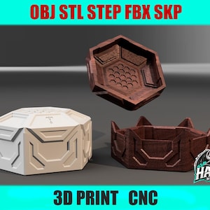 May include: A digital rendering of three hexagonal containers. One is a white closed box with geometric patterns, while the other two are open, dark brown wood-textured bowls with interior honeycomb detailing and exterior geometric relief designs.