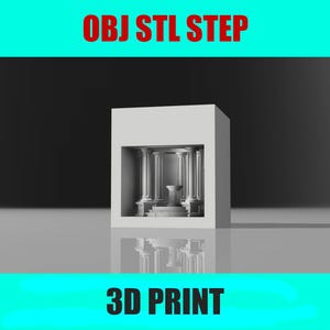 May include: A 3D printed model of a small building with columns and a doorway. The model is white and has a reflective surface. The text "OBJ STL STEP 3D PRINT" is visible at the top and bottom of the image.