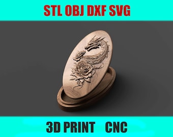 May include: Wooden oval box with a carved dragon and rose design. The box is open, revealing the interior. The text "STL OBJ DXF SVG" and "3D PRINT CNC" are displayed in the image.
