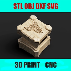May include: A light-coloured wooden box with a detailed eagle emblem on the lid. The box has a layered design with geometric accents. The text "STL OBJ DXF SVG" and "3D PRINT CNC" are displayed in the image.
