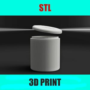 Op de afbeelding: Een witte, cilindrische container met een geribbelde textuur en een bijpassend deksel dat iets openstaat. De tekst "STL" staat boven de container en "3D PRINT" eronder, beide in respectievelijk rood en wit.