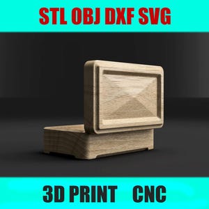 May include: A light-colored wooden box with a hinged lid, featuring a geometric design on the lid. The text "STL OBJ DXF SVG" and "3D PRINT CNC" are displayed in the image.