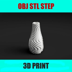 Puede incluir: Un jarrón blanco impreso en 3D con un diseño texturizado en forma de ola. El jarrón tiene un cuello estrecho y una base más ancha. Las palabras "OBJ STL STEP" y "3D PRINT" se muestran en texto rojo y blanco sobre un fondo turquesa.