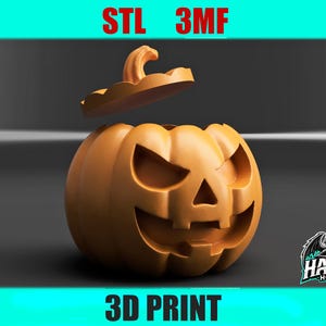 May include: An orange 3D printed jack-o'-lantern container with a removable lid. The pumpkin features a carved, menacing face with triangular eyes and a jagged mouth. Text at the top reads STL 3MF and at the bottom 3D PRINT, with a logo reading HATEN HOUSE.