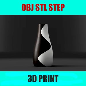 May include: A black and white decorative vase with a curved design. The vase has a slender, elongated shape. The text "OBJ STL STEP" is at the top and "3D PRINT" at the bottom, both in red.