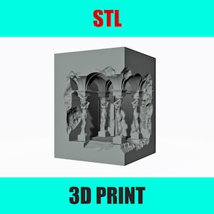 May include: A 3D printed model of a stone archway with four figures standing inside. The archway is broken and the figures are partially visible. The model is grey and has a textured surface.