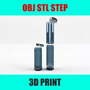 Könnte beinhalten: Ein 3D-gedrucktes Modell einer Flasche mit Deckel, getrennt in drei Teile. Die Teile sind mit "OBJ STL STEP" und "3D PRINT" beschriftet.