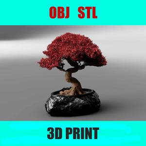Könnte beinhalten: Ein 3D-gedruckter Bonsai-Baum mit leuchtend roter Krone und einem verdrehten, hellbraunen Stamm. Der Baum steht in einem strukturierten schwarzen Topf. Das Bild enthält den Text "OBJ STL" und "3D PRINT" in einem türkisfarbenen Banner.