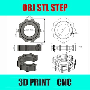 May include: A technical drawing of a 3D printed part with dimensions in inches. The drawing shows the part from different angles, including a side view, a top view, and a cross-section. The part is a ring with a series of teeth around the outer edge. OBJ STL STEP 3D PRINT CNC