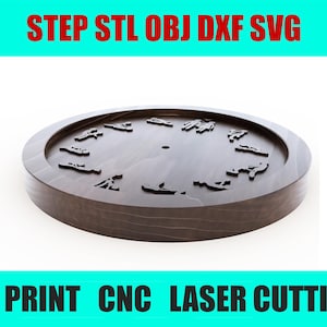 Könnte beinhalten: Ein rundes Holz-Zifferblatt mit einem geschnitzten Design eines Zifferblatts mit Zahlen. Das Zifferblatt ist braun und hat eine helle Holzmaserung. Das Zifferblatt befindet sich auf einem weißen Hintergrund. STEP STL OBJ DXF SVG 3D-DRUCK CNC LASERSCHNEIDEN
