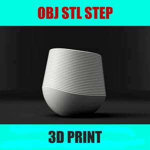 以下が含まれることがあります： 上部に水平線があり、滑らかで丸みを帯びたベースを持つ、白い卵型の3Dプリントオブジェクト。「OBJ STL STEP」と「3D PRINT」のテキストが、ターコイズ色の背景に赤色で表示されています。