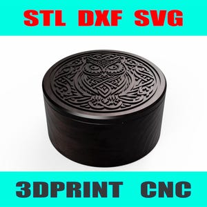 May include: A round wooden box with a detailed carving of an owl with Celtic knotwork on the lid. The box is dark brown and has a smooth finish.