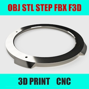 May include: A silver metal ring with a beveled edge and three small holes. The ring is designed for 3D printing or CNC machining.
