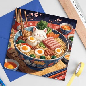 Carte de voeux Kawaii mignon bol de ramen - carte vierge anime, bol de ramen, mignon chaton japonais et nouilles pour toutes les occasions