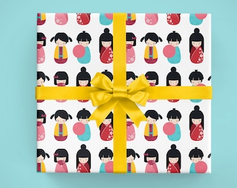 Kokeshi Dolls Wrapping Paper: Kawaii Japanese Gift Wrap - White and Pink Wrapping Paper Sheets - optional gift tags