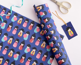 Japanese Doll Wrapping Paper Sheets: Purple Kawaii Gift Wrap - Cute Japanese Style Gift Wrap - Girl's kawaii Wrapping paper - Optional Tags