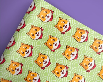 Kawaii Shiba Inu Wrapping Paper, Japanese Dog Design (Single Sheets) - Cute Kids Gift Wrapping Ppaser- Sheets of Birthday wrap with Tags