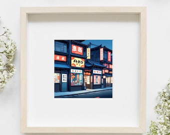Japanese Street Scene Print: Retro Nighttime Lights, Kawaii Poster