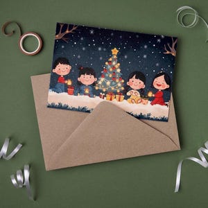 Süße Weihnachtsgrußkarte - Japanische Familie Anime Festive Design, Auswahl an farbigen Umschlägen
